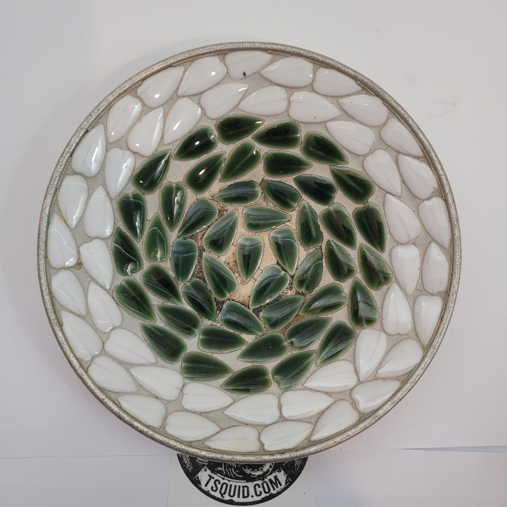 Vintage Trinket Dish Green White Mosaic Spiral Gold Tone Metal 5in Mid Century